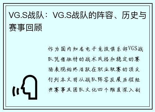 VG.S战队：VG.S战队的阵容、历史与赛事回顾
