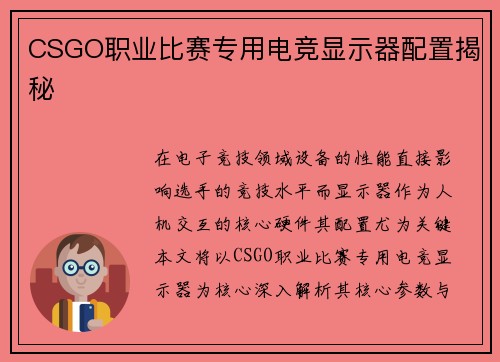 CSGO职业比赛专用电竞显示器配置揭秘