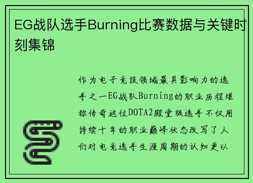 EG战队选手Burning比赛数据与关键时刻集锦