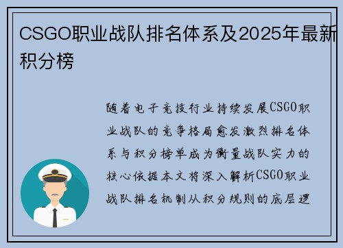 CSGO职业战队排名体系及2025年最新积分榜